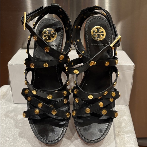 Tory Burch Women's Black Leather Studded Wedge Sandals - Picture 9 of 12